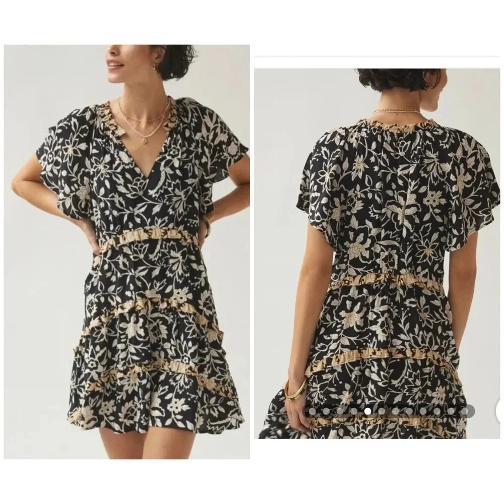 Anthropologie XS Robin Tiered Black and Cream Floral Dress